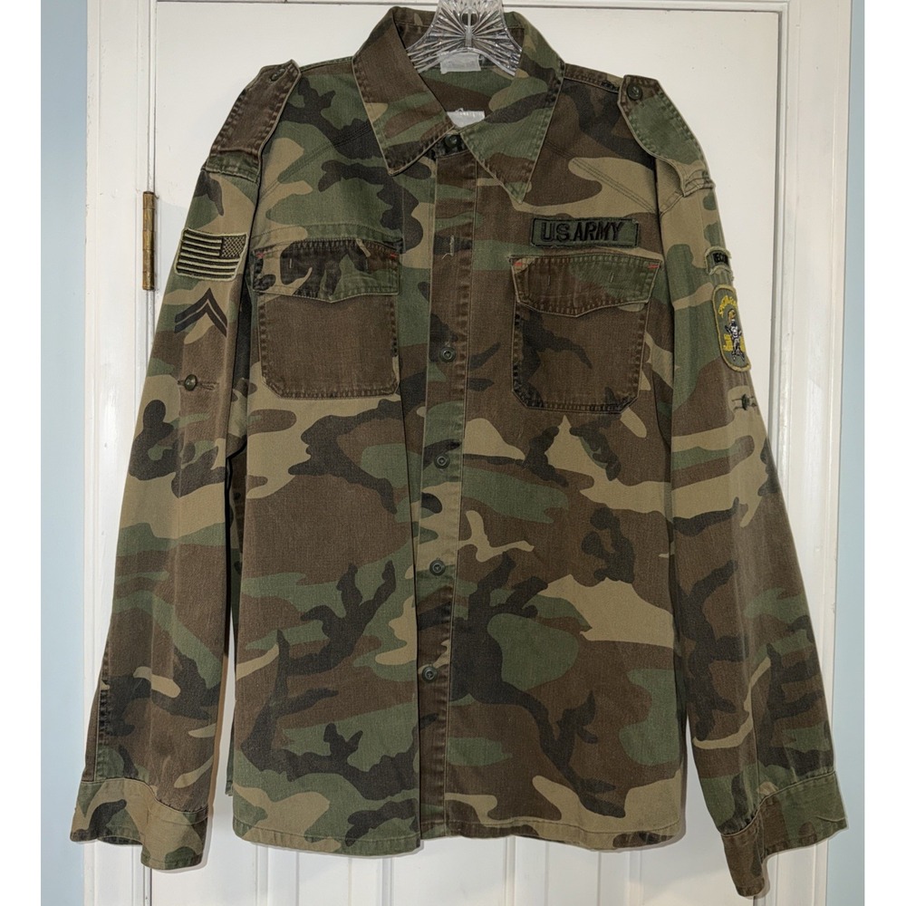 Vintage US Army Special Forces Patched Camo BDU XL Regular Field Shirt Jacket